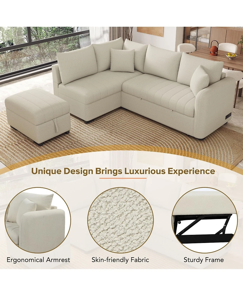 Simplie Fun Versatile L-Shaped Sofa Bed with Usb Ports, Movable Ottoman, & Pull-Out