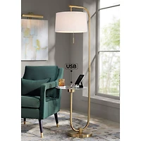 Possini Euro Design Volta Modern Floor Lamp with Tray Table 66" Tall Brass Usb Charging Port White Drum Shade for Living Room Bedroom Office Hous