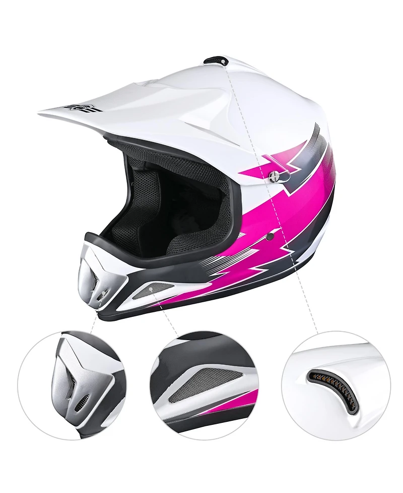 Ahr H-VEN12 Youth Dot Motocross Helmet and Goggles Set Clear Lens Atv Mx Off-road Kids Pink S