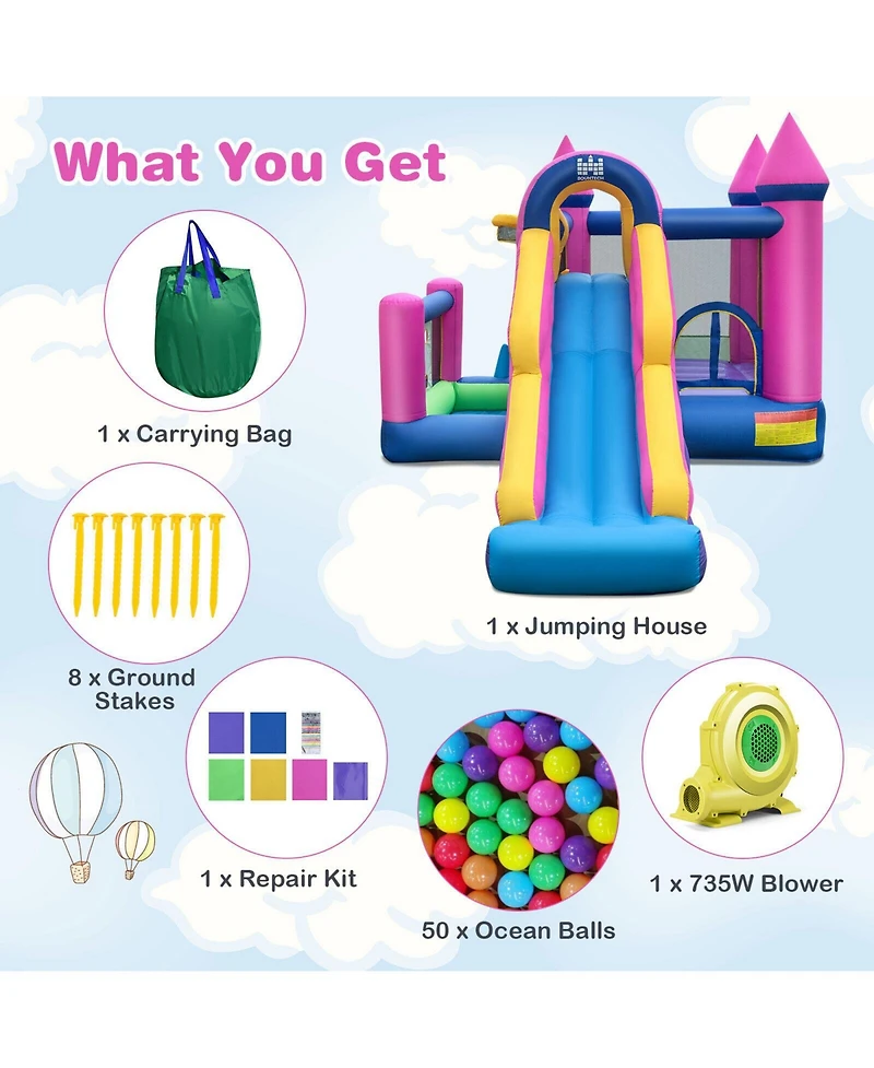 Inolait 7-in-1 Kids Inflatable Bounce House with Long Slide and 735W Blower