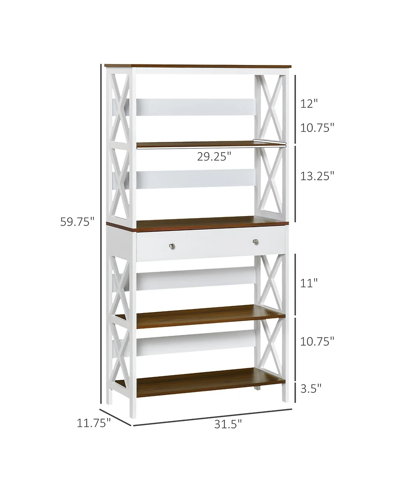 Homcom 4-Tier Shelving Bookcase Storage Cupboard with Pull Out Drawer, White