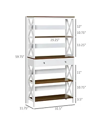 Homcom 4-Tier Shelving Bookcase Storage Cupboard with Pull Out Drawer, White