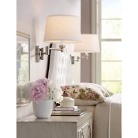 Possini Euro Design Modern Swing Arm Wall Lamp Brushed Nickel Plug-In Light Fixture White Linen Drum Shade for Bedroom Living Room