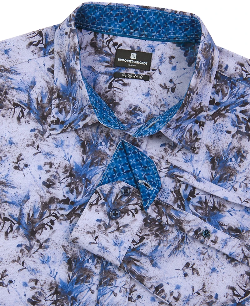 Brooklyn Brigade Men's Non-Iron Performance Stretch Moisture-Wicking Abstract Leaf-Print Button-Down Shirt