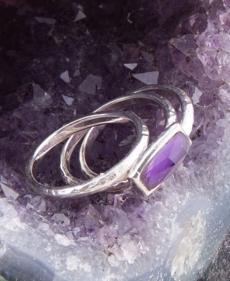 Barse Stack Genuine Purple Amethyst Rectangle Sterling Silver Ring