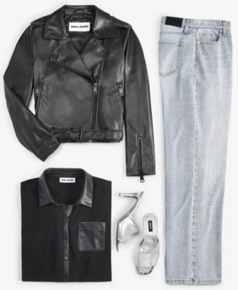 Dkny Jeans Womens Faux Leather Moto Jacket Faux Leather Trim Sheer Shirt High Rise Embellished Wide Leg Jeans