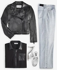 Dkny Jeans Womens Faux Leather Moto Jacket Faux Leather Trim Sheer Shirt High Rise Embellished Wide Leg Jeans