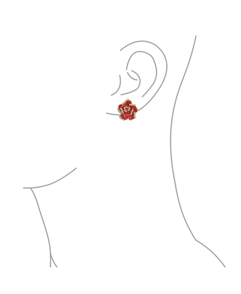 Bling Jewelry Set of 2 Pink Red Enamel Flower Crystal Edge Clip-On Earrings Gold Plated