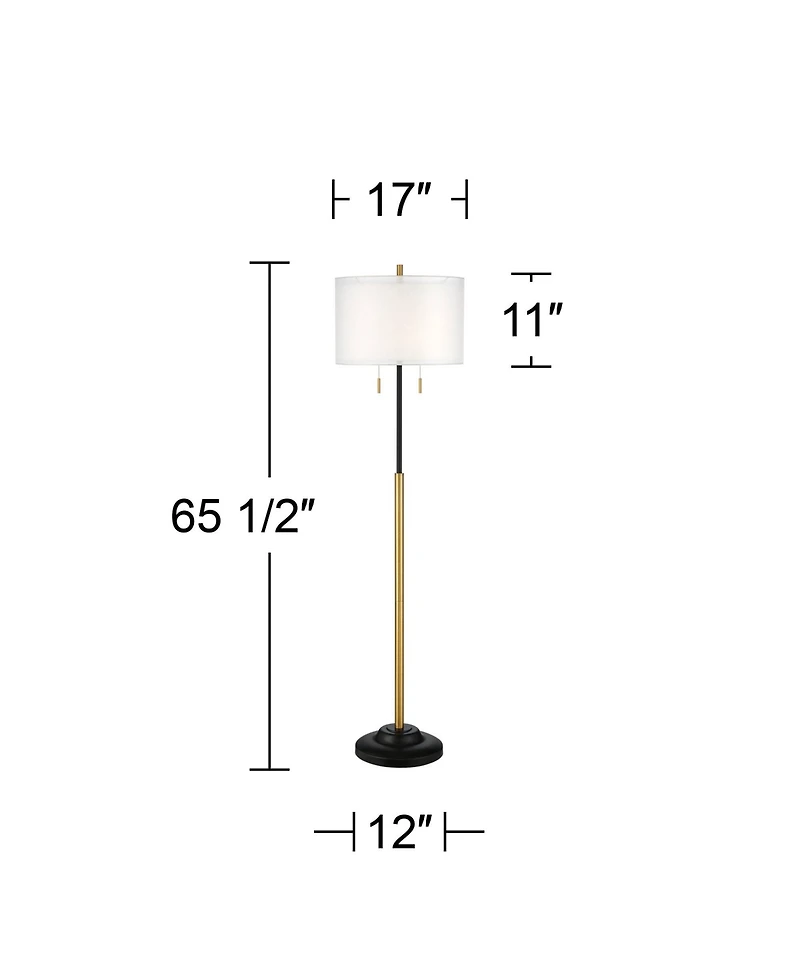 Possini Euro Design Roxie Modern Floor Lamp Standing 65 1/2" Tall Brass Black Metal Sheer Linen Double Drum Shade for Living Room Bedroom Office