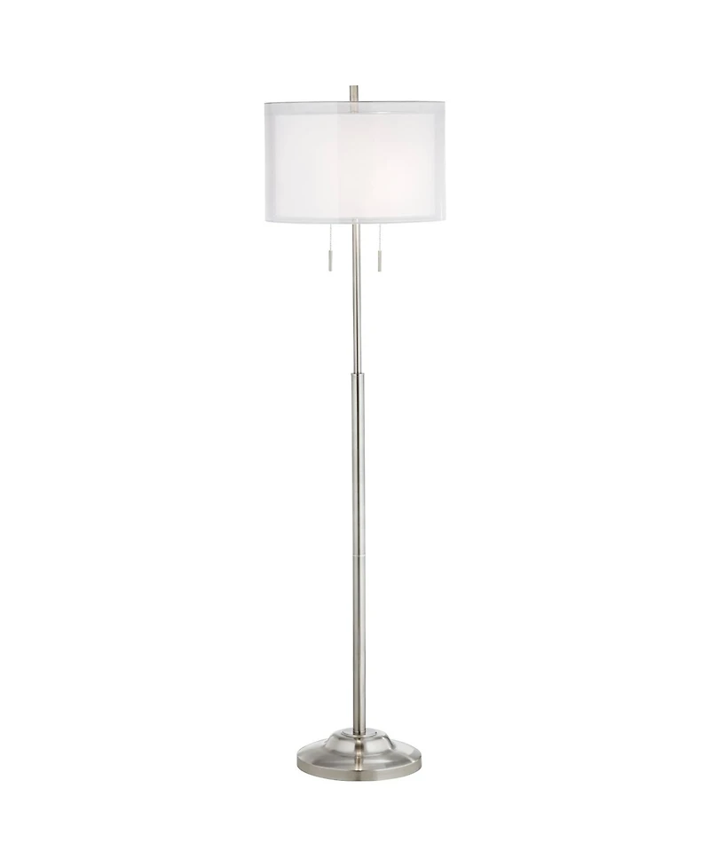 Possini Euro Design Roxie Modern Floor Lamp Standing 65 1/2" Tall Brushed Nickel Sheer Linen Double Drum Shade for Living Room Bedroom Office Hou