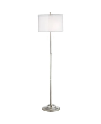 Possini Euro Design Roxie Modern Floor Lamp Standing 65 1/2" Tall Brushed Nickel Sheer Linen Double Drum Shade for Living Room Bedroom Office Hou