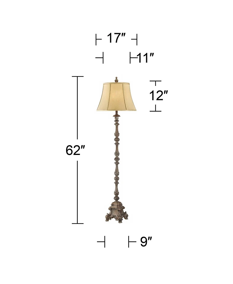 Regency Hill Rustic Floor Lamp 62" Tall French Faux Wood Antique Candlestick Beige Silk Bell Shade for Living Room Reading Bedroom Office