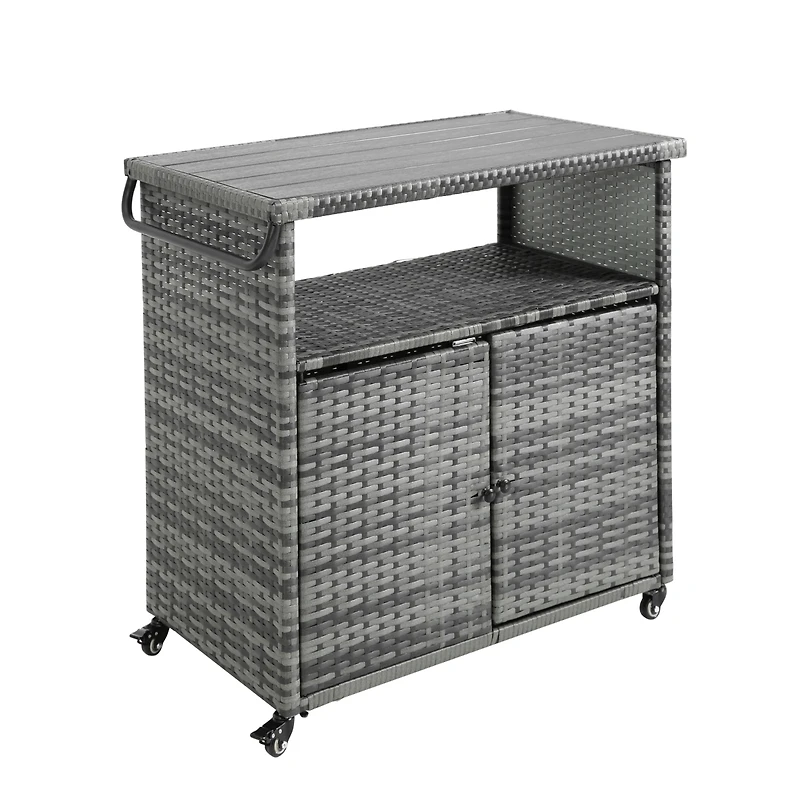 Streamdale Versatile Outdoor Wicker Bar Cart with Wheels and Glass Tabletop