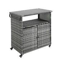 Streamdale Versatile Outdoor Wicker Bar Cart with Wheels and Glass Tabletop