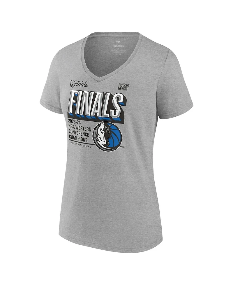 Fanatics Women's Heather Gray Dallas Mavericks 2024 Western Conference Champions Locker Room Plus V-Neck T-Shirt