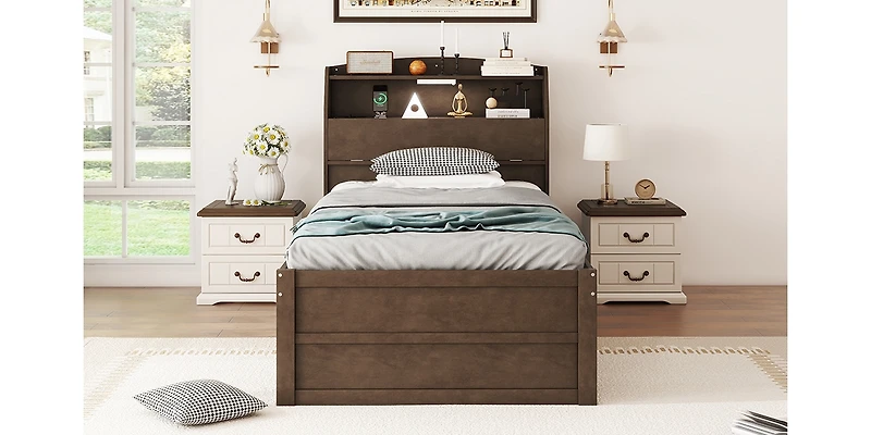 Streamdale Twin Wooden Led Platform Bed with Storage & Trundle