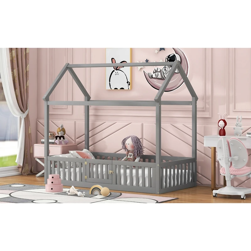 Streamdale Twin Wood House Bed with Fence and Door, Gray