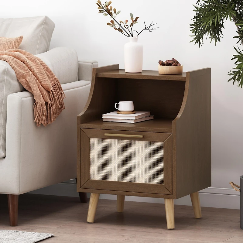 Simplie Fun Modern End Table with Rattan Accents, Built-in Hutch, and Ample Storage