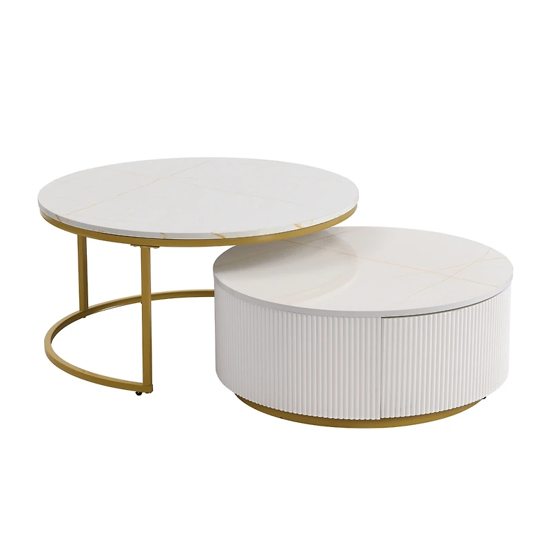 Streamdale Modern Fluted Nesting Coffee Table with Drawer (White & Gold)