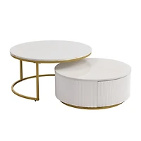 Streamdale Modern Fluted Nesting Coffee Table with Drawer (White & Gold)