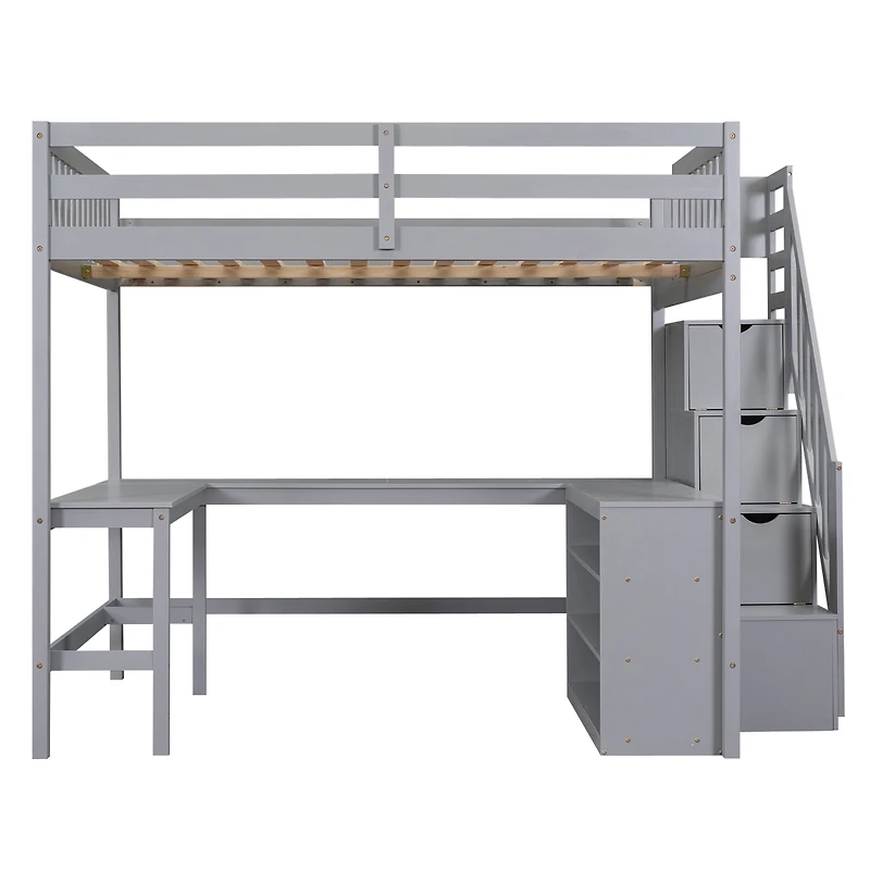 Streamdale Loft Bed with Desk, Shelves, and Staircase, Gray