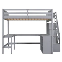 Streamdale Loft Bed with Desk, Shelves, and Staircase, Gray