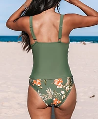 Cupshe Women's Wrapped Tankini Top & Tropical Mid-Rise Bottoms Set