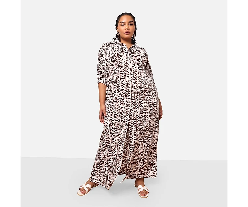 Rebdolls Plus Size Isha Bamboo Print Button Front Maxi Shirt Dress