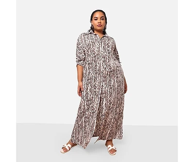 Rebdolls Plus Size Isha Bamboo Print Button Front Maxi Shirt Dress