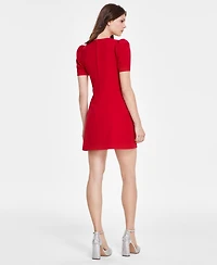 Crystal Doll Juniors' Scoop-Neck Puff-Sleeve Embellished-Bow Dress