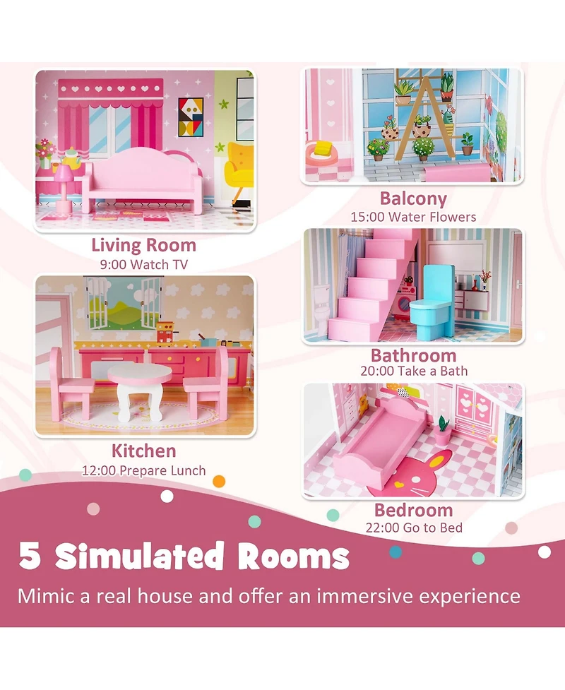 Costway Kids Wooden Dollhouse Playset with 5 Simulated Rooms & 10 Pieces of Furniture