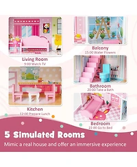 Costway Kids Wooden Dollhouse Playset with 5 Simulated Rooms & 10 Pieces of Furniture