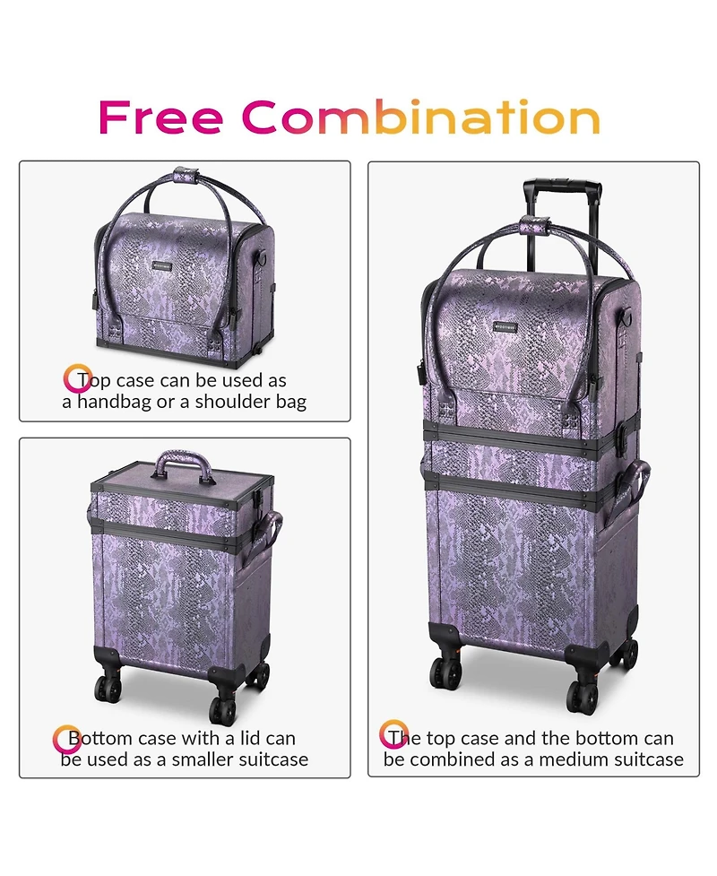 Byootique Purple Makeup Train Case Lockable Rolling Cosmetic Trolley Storage