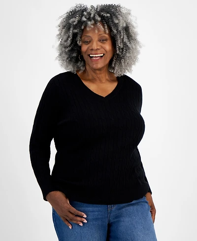 Style & Co Plus Cotton Cable-Knit V-Neck Sweater, Macy's Exclusive