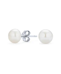 Bling Jewelry White Hand Knotted Freshwater Cultured Pearl Strand Necklace 18" Stretch Bracelet Ball Earrings 6MM 3PCS Jewelry Set