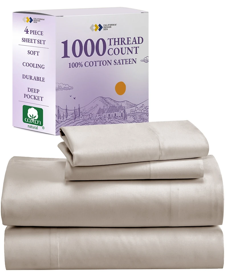 Luxury 1000 Thread Count Bed Sheets Set - 100% Cotton Sateen Soft