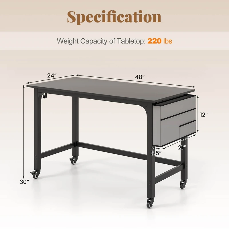 Rolling Computer Desk Wood Top Metal Frame Laptop Table Study