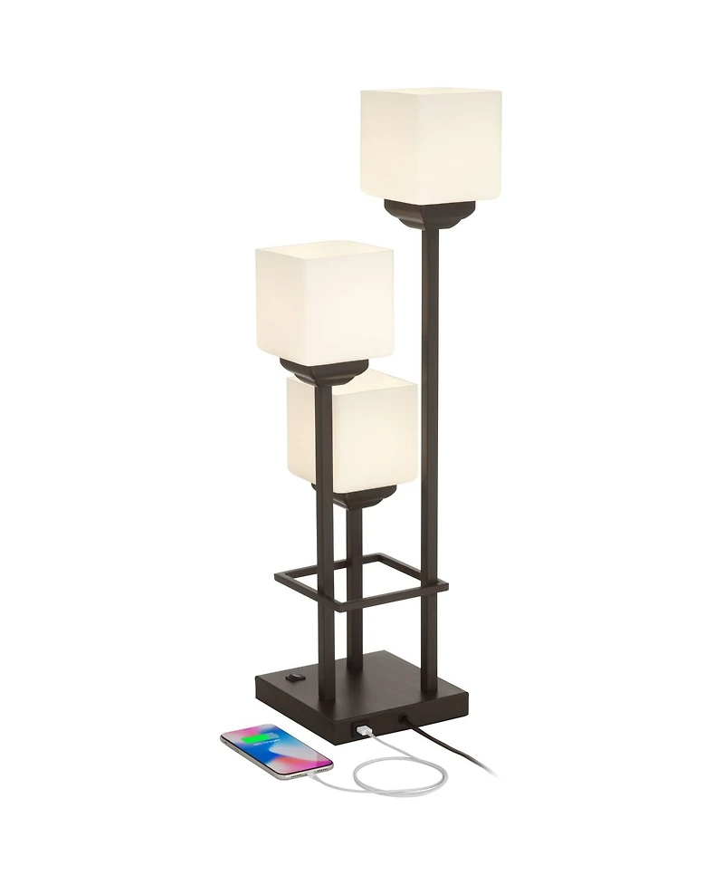 Franklin Iron Works Modern Console Table Lamp 29 1/2" Tall with Usb Charging Port Bronze Metal White Glass Square Shade for Bedroom Living Room H