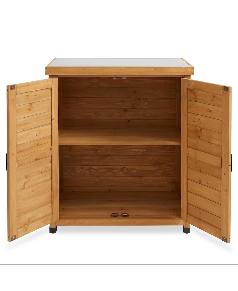 Outdoor Storage Cabinet and Potting Bench with Metal Tabletop and Storage Cabinet - Wooden Outdoor Garden Patio Workstation Table, Natural