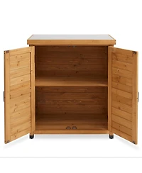 Outdoor Storage Cabinet and Potting Bench with Metal Tabletop and Storage Cabinet - Wooden Outdoor Garden Patio Workstation Table, Natural