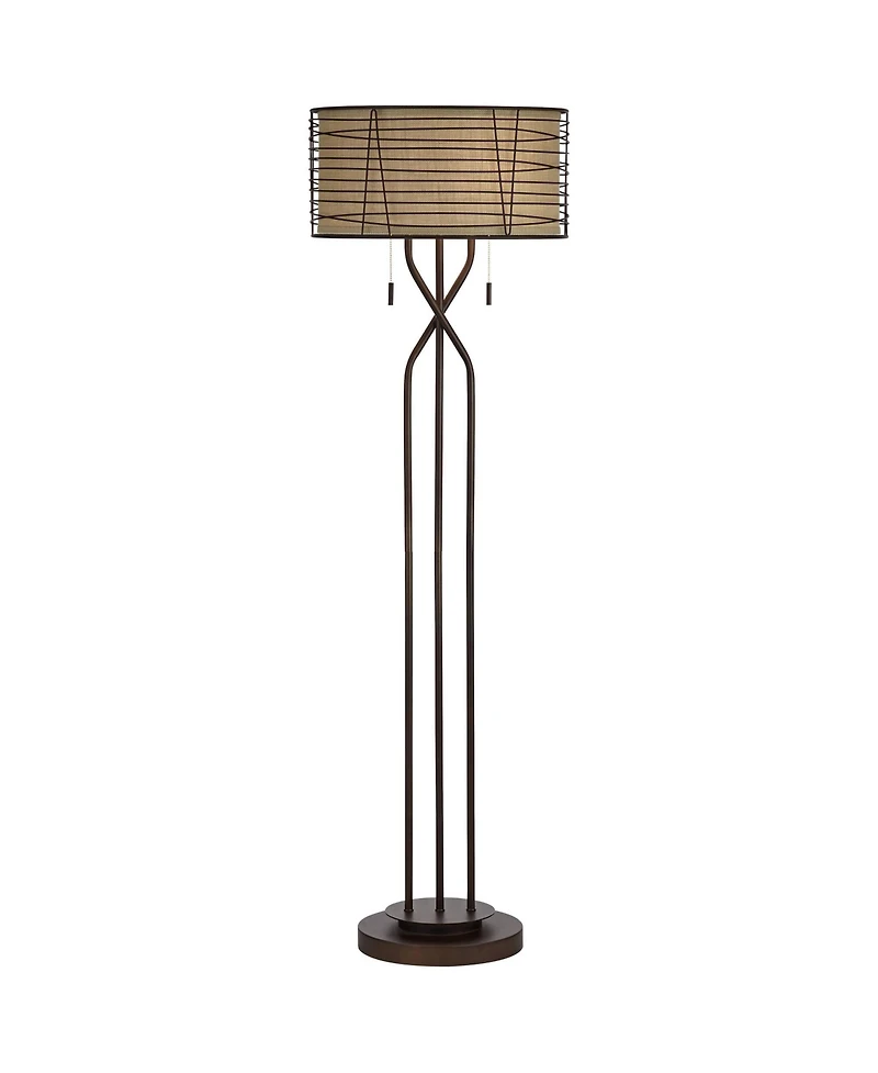 Franklin Iron Works Marlowe Rustic Farmhouse Floor Lamp 60 1/2" Tall Bronze Metal Oster Woven Burlap Fabric Inner Drum Shade for Living Room Bedr