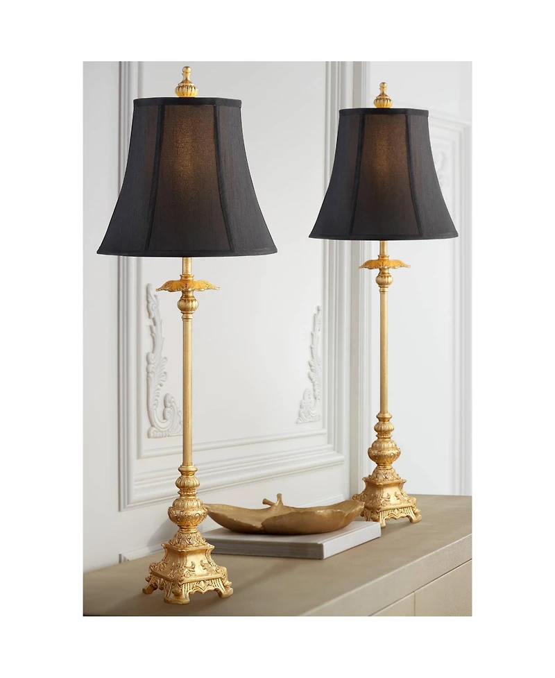 Regency Hill Traditional Buffet Table Lamps 36.5" Tall Set of 2 Gold Intricate Details Black Fabric Bell Shade for Dining Room