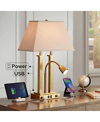 Deacon Modern Desk Table Lamp with Usb and Ac Power Outlet in Base Led Gooseneck 26" High Antique Brass Oatmeal Linen Drum Shade for Living Room Bedro