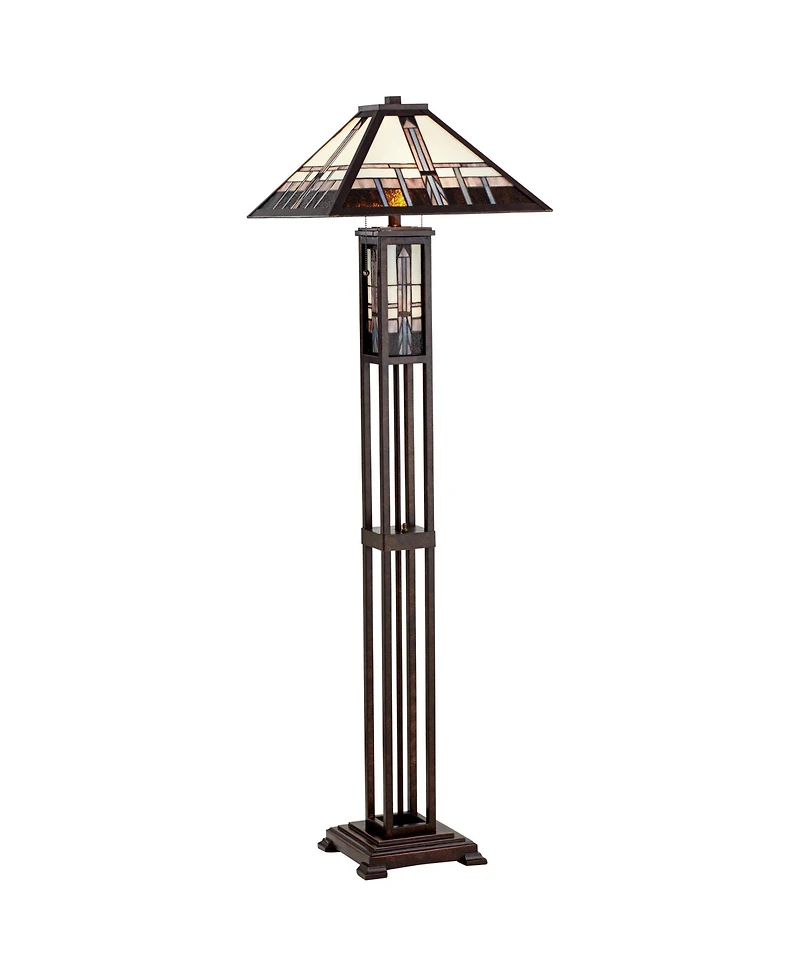 Robert Louis Tiffany Mission Rustic Floor Lamp 60 1/2" Tall Oiled Bronze with Nightlight Geometric Stained Art Glass Shade for Living Room Bedroo