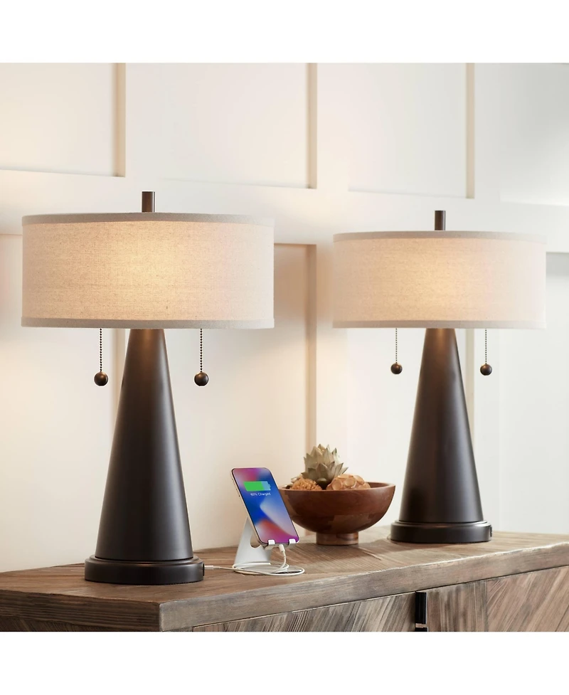 Franklin Iron Works Craig Rustic Farmhouse Accent Table Lamps 23" High Set of 2 Bronze with Usb Charging Port Natural Drum Shade for Bedroom Desk