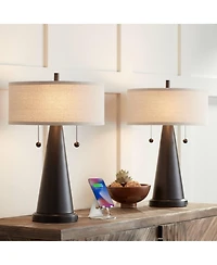 Franklin Iron Works Craig Rustic Farmhouse Accent Table Lamps 23" High Set of 2 Bronze with Usb Charging Port Natural Drum Shade for Bedroom Desk
