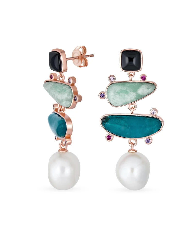 Bling Jewelry Boho Tri Tone Mixed Black White Blue Green Natural Apatite Modern Asymmetrical Abstract Off White Freshwater Cultured Baroque Pearl Dang