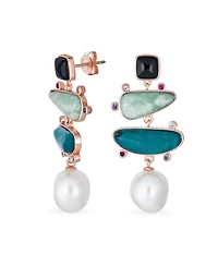 Bling Jewelry Boho Tri Tone Mixed Black White Blue Green Natural Apatite Modern Asymmetrical Abstract Off White Freshwater Cultured Baroque Pearl Dang