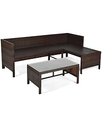 Sugift 3 Pieces Outdoor Patio Corner Rattan Sofa Set-Turquoise