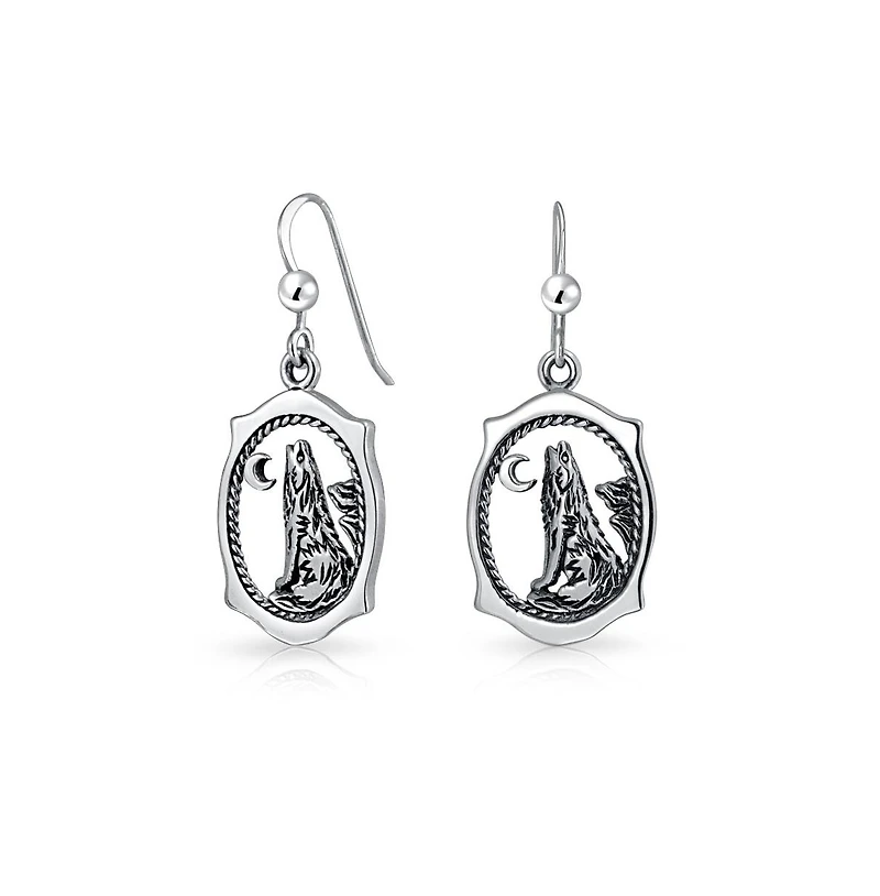 Bling Jewelry Oval Animal Totem Amulet Wicca Jewelry Crescent Moon And Stars Werewolf Celestial Howling Wolf Dangling Earrings Oxidized Sterling Silve